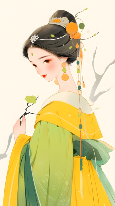 中国传统风情：黄绿民族服装的仙女摄影版权图片下载