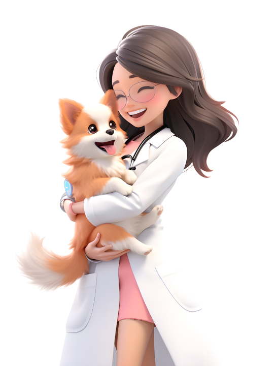 宠物兽医笑着抱着卡通宠物的摄影版权图片下载