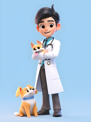 宠物兽医微笑着抱着一只带有纯色背景的卡通宠物的摄影图片