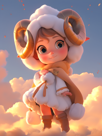 云朵上的呆萌星座女孩摄影图片