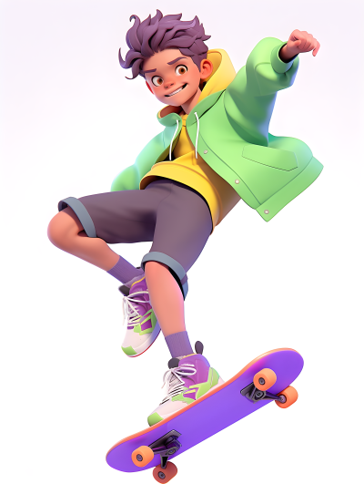 迷人动漫风格帽衫男孩骑滑板的摄影图片
