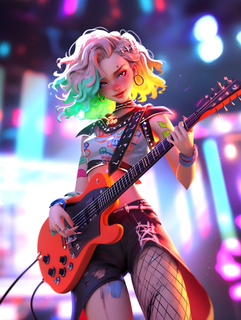 超美女主唱持着设计独特的贝斯吉他高跟鞋摄影图