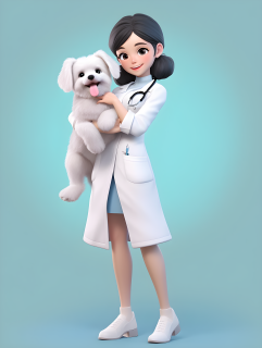 抱着卡通宠物的立体兽医摄影图