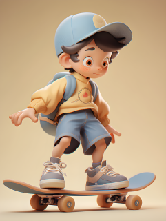 帽子衬衫骑滑板的男孩摄影图片
