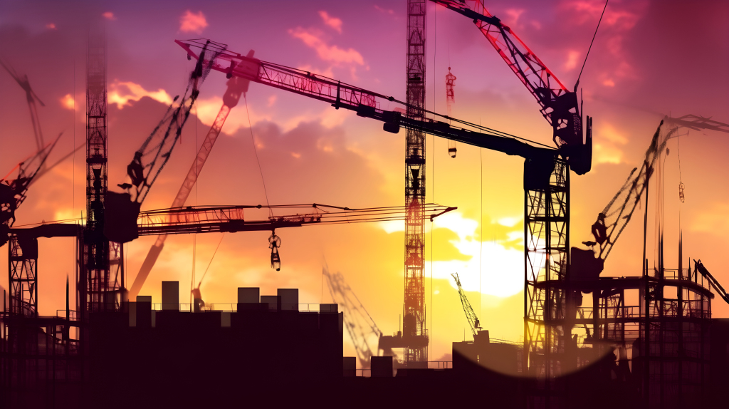 黄粉红色的日落中的工地剪影摄影版权图片下载