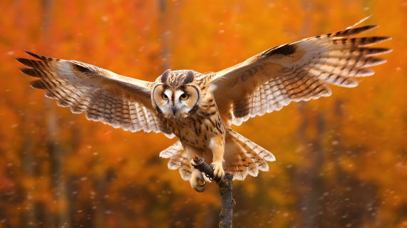 秋色中飞舞的猫头鹰摄影图