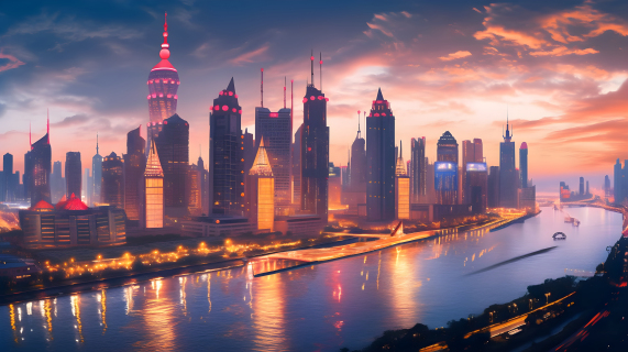 黄金和洋红的上海市与黄昏中的江河摄影图片