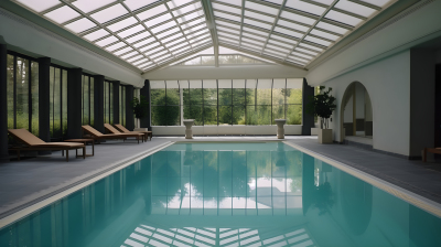 法式乡村风格的迷人室内玻璃墙游泳池摄影图
