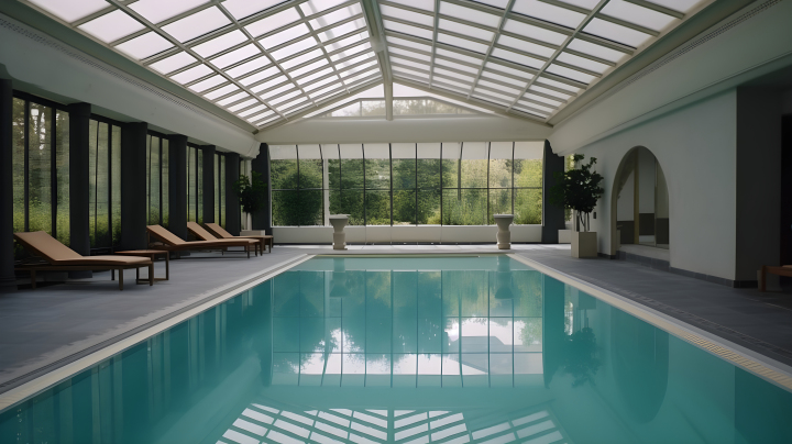 法式乡村风格的迷人室内玻璃墙游泳池摄影图版权图片下载