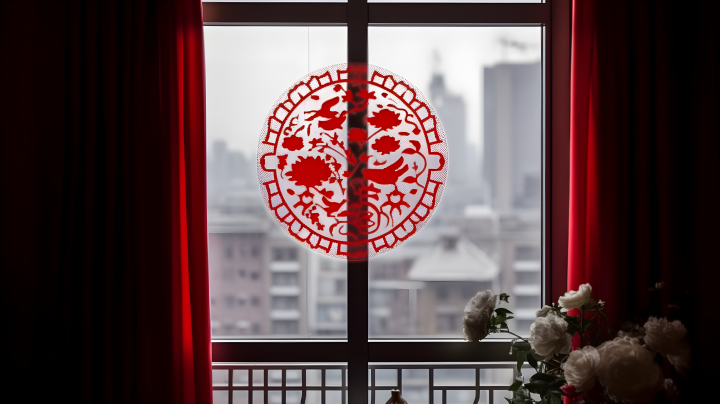 亚洲风格红色窗花装饰摄影图版权图片下载