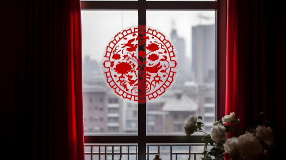 亚洲风格红色窗花装饰摄影图