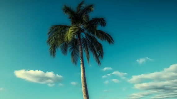 沙滩上的蓝天下棕榈树摄影图片