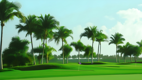 棕榈树前的绿色高尔夫球场摄影图片