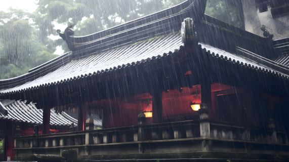 溶解的亚洲建筑在雨中