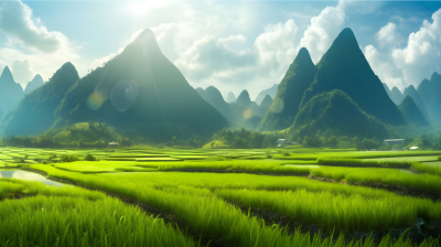中国乡村风光-绿色稻田与山峦摄影图