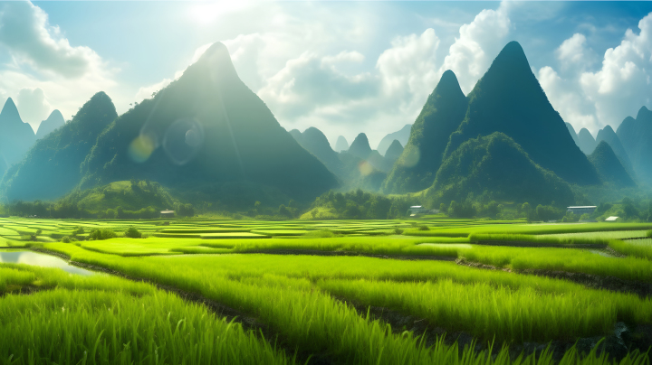中国乡村风光-绿色稻田与山峦摄影图版权图片下载