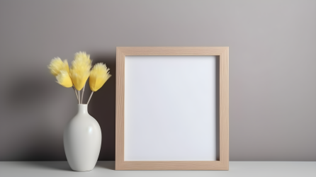 空白木质照片框旁的花蕾摄影图片
