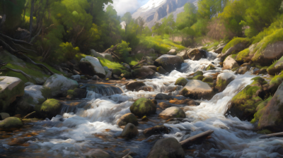 远东比利牛斯山脉中流动的溪流摄影图