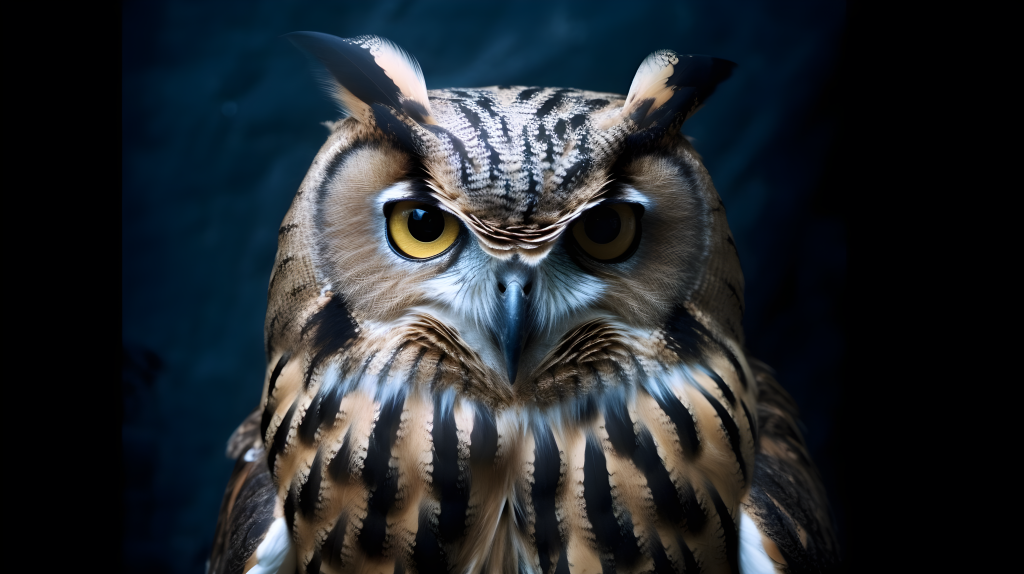 幽静黑色背景下的大猫头鹰摄影图