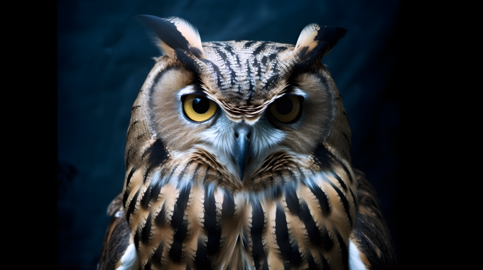 幽静黑色背景下的大猫头鹰摄影图
