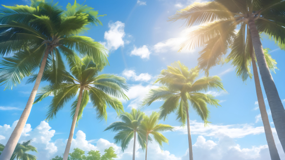 阳光下的海边棕榈树摄影图片