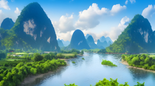 古风青绿碧蓝：山水画摄影图片
