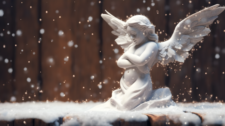 雪落白天使木质背景摄影图版权图片下载
