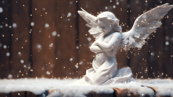雪落白天使木质背景摄影图