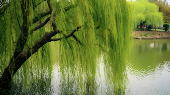 绿色柳树和绿色小池塘摄影图片