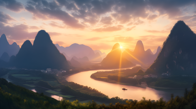 靓丽山河，霞光绚烂的美景摄影图片