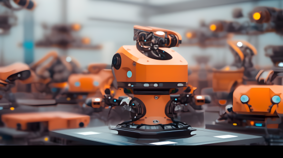 电子制造厂的橙色机器人摄影图片