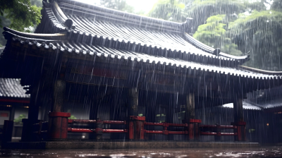 雨中消融的亚洲建筑摄影图