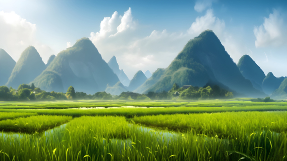 中国乡村风景：绿色稻田与山峦摄影图片
