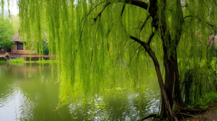 柳树与莲花的湖泊摄影图版权图片下载