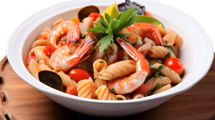 白碗中的海鲜和蔬菜意面摄影版权图片下载