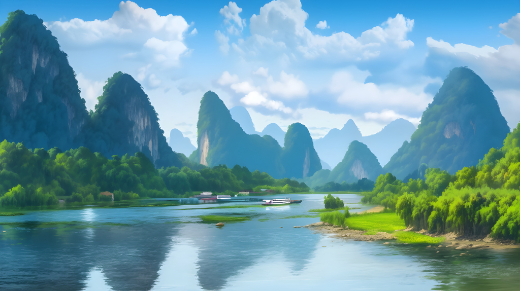 古风山水画：翡翠青蓝山水摄影图