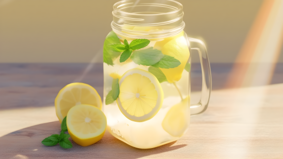 柠檬薄荷水罐头淡黄与暗米色风格的摄影图片