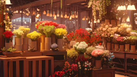 北京东区花店各式木箱盛放的暗金与淡红、浅橙和浅绿色荧光鲜花摄影图