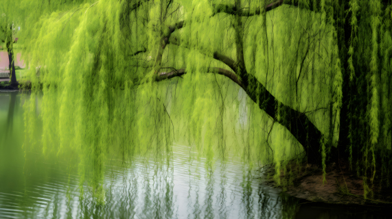 柳树静谧小池塘摄影图