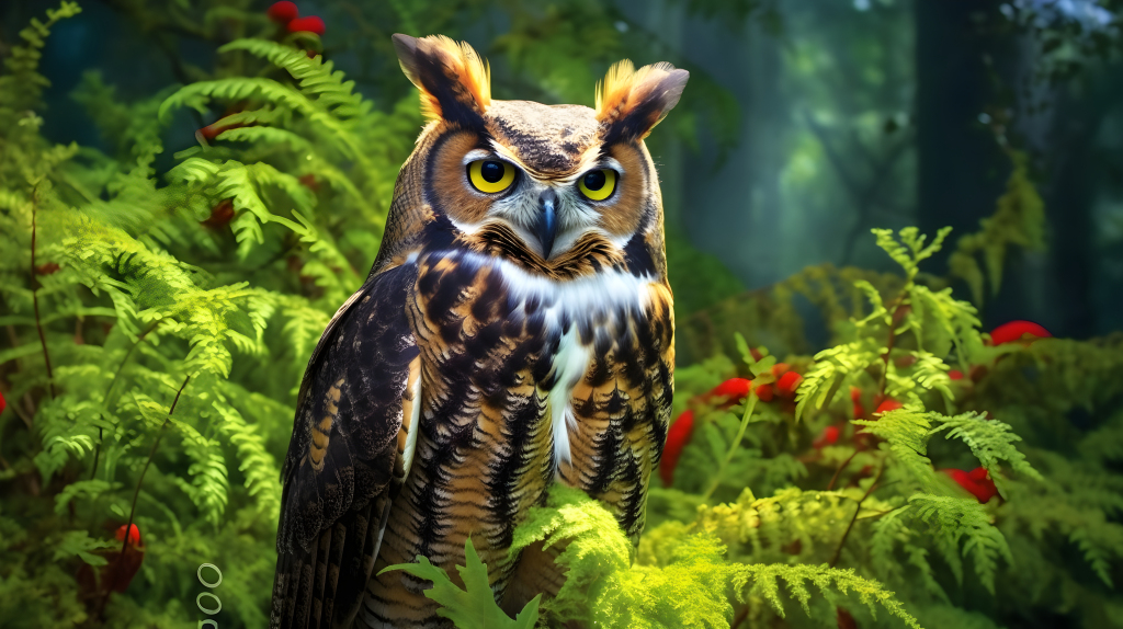 红黄色浓烈的尼康D850风格下，乔·贾斯科风格的大猫头鹰在蕨类植物旁休息