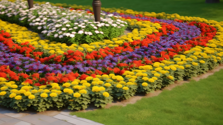 多彩的花坛和草坪上的鲜花摄影图版权图片下载