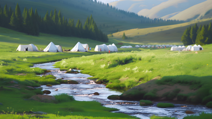 牧场风情草原山旁的帐篷摄影版权图片下载