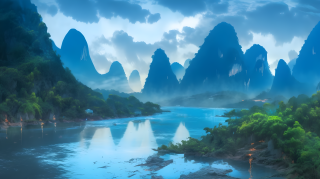 古风碧蓝山水画摄影图片