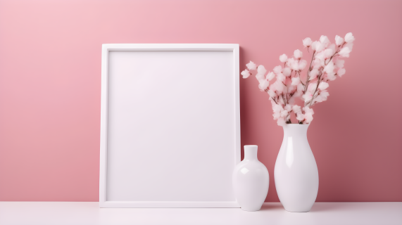清新简约白色花瓶与粉色背景的摄影图片