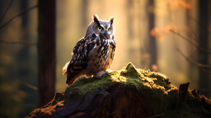 神秘奇幻森林中的猫头鹰摄影图版权图片下载