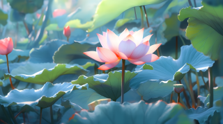 青白莲花池畔摄影图片