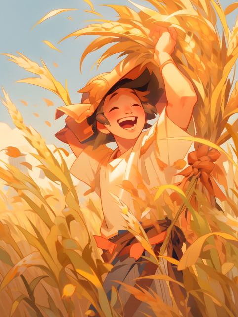 快乐收割: 中国农民笑对麦浪摄影图片