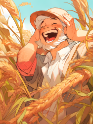欢乐收获：中国农民笑着采收小麦的摄影图片