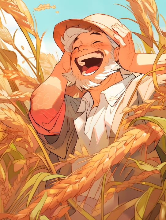欢乐收获：中国农民笑着采收小麦的摄影版权图片下载