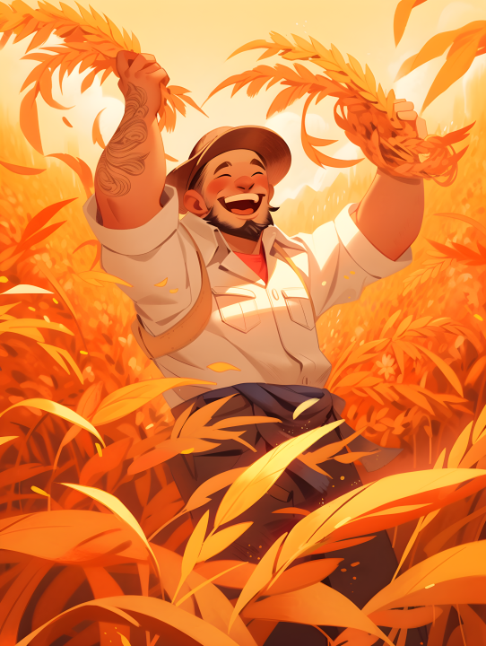 幸福笑容的农民收割小麦摄影版权图片下载